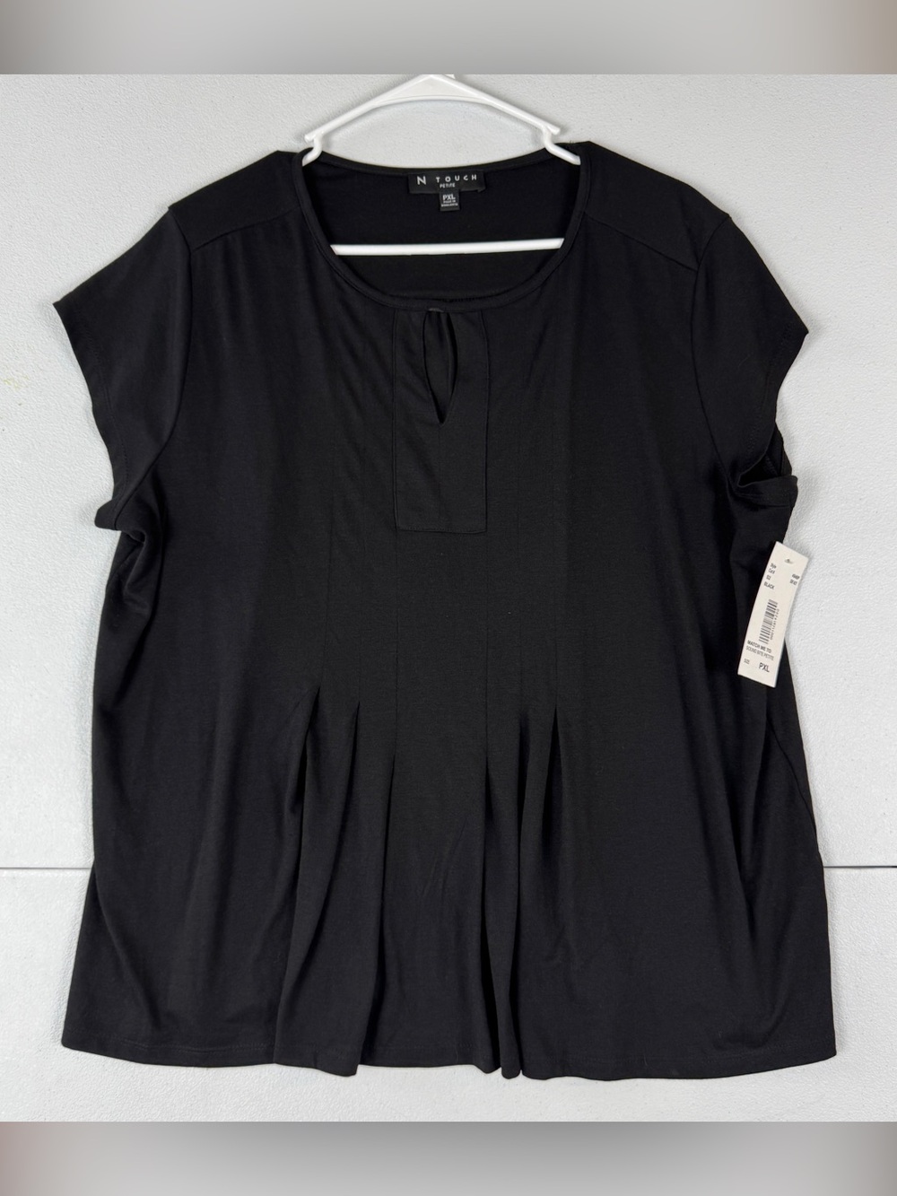 N‎ Touch Top Womens PXL Petite Solid Black Short Cap Sleeves Pleated NWT